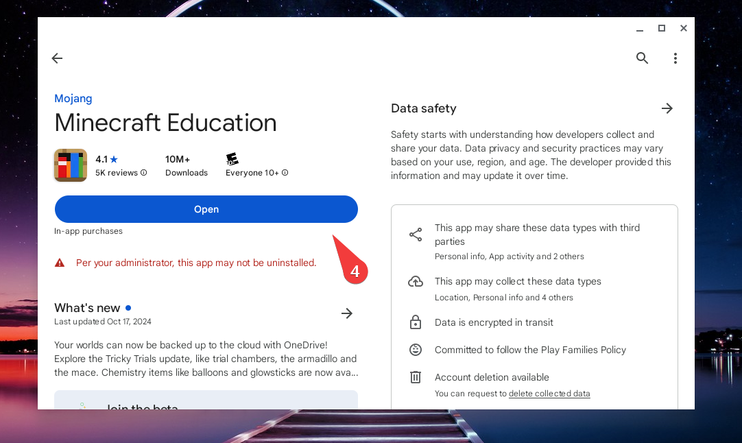 Screenshot of a Chromebook outlining the step to open or install Minecraft