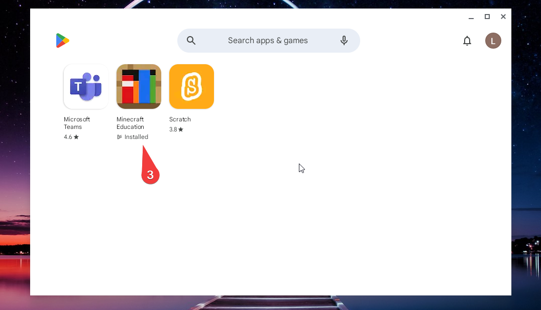 Screenshot of a Chromebook outlining the step to select Minecraft inside the Play Store