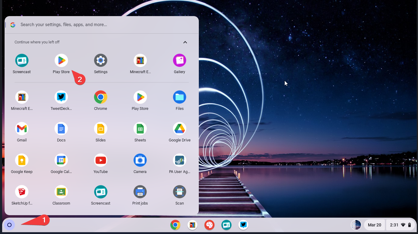 Screenshot of a Chromebook outlining the two steps to access Play Store