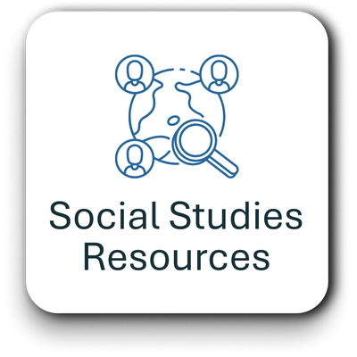 Social Studies resources button with a bird's eye view image of the earth, a magnifying glass, and people.