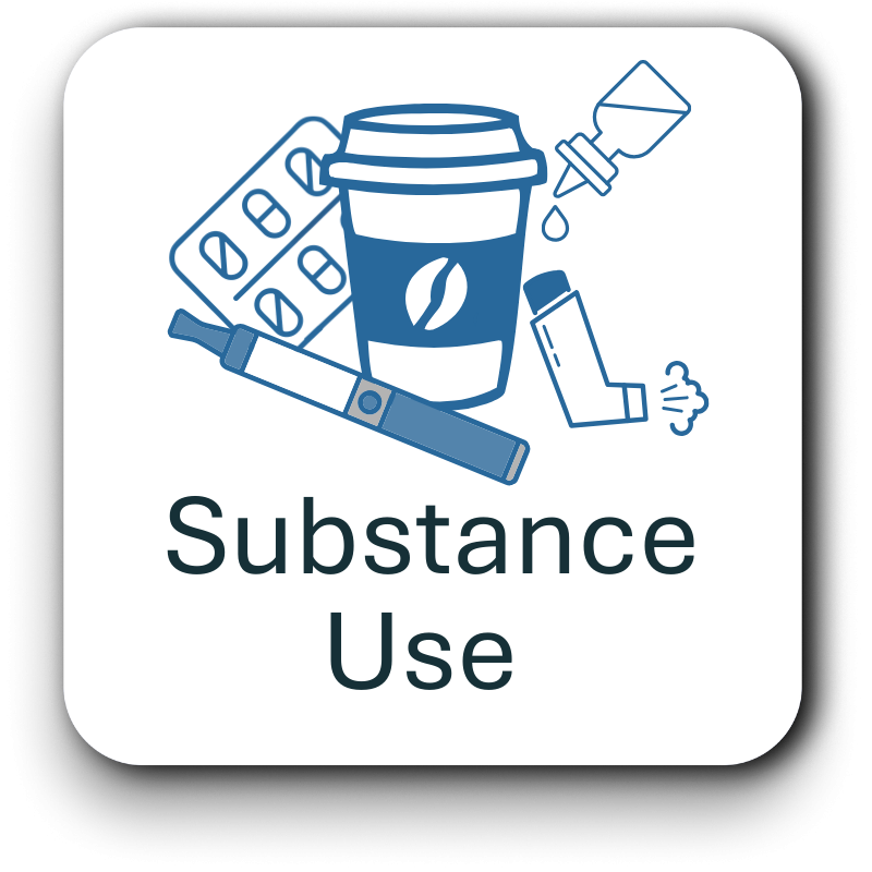 Substance use icon image with coffee cup, asthma puffer, eye dropper, vape, e-cigarette, and blister pack.